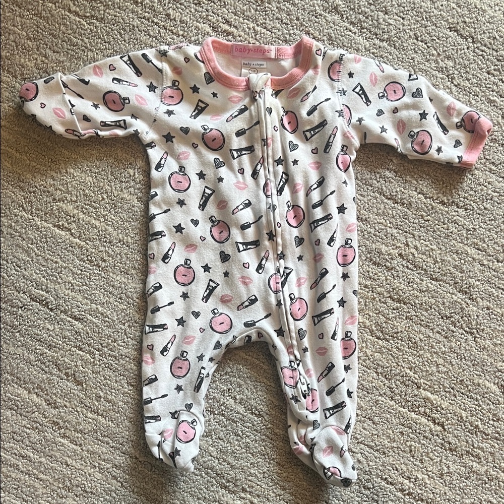 Baby Steps Baby Girl Pink and White Footie pajamas | Newborn